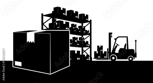 Forklift moves large industrial shipping container.