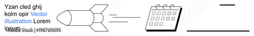 Project management, deadlines, speed, time tracking, scheduling, productivity. A rocket flying toward a calendar. Deadlines and time tracking highlighted with a speed and productivity concept