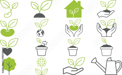 Green Eco Plant Growth Care Nature Icon Set Sustainability Symbols