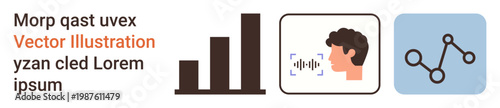 Data analytics, voice recognition, technology, communication, digital networks, connection. Bar graph, human profile with soundwaves and nodes linked by lines. Data analytics and voice recognition