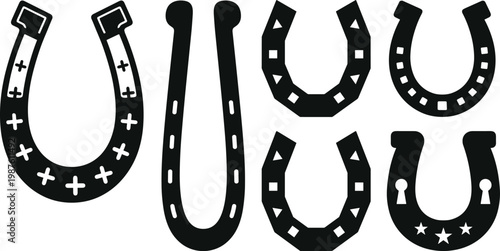Collection of black and white horseshoe icons representing luck, sport, and equestrian themes