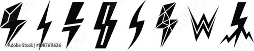 A collection of various lightning bolt symbols representing power, energy, and electricity in abstract graphic designs