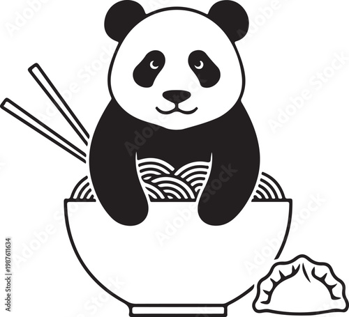 Cute panda enjoying a bowl of noodles with chopsticks and a dumpling Vector, illustration