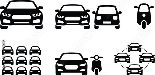 Collection of vehicle icons including cars, motorcycles, and scooters for transportation and mobility concepts