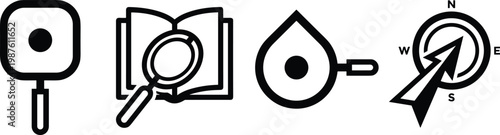 Conceptual line art icons illustrating key themes of investigation, discovery, analysis, and strategic direction, perfect for enhancing digital interfaces and educational content