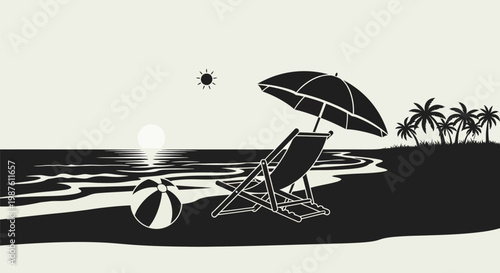 Beach chair with umbrella and ball.