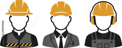 Diverse professional worker avatars equipped with essential safety gear, symbolizing various roles within the construction, engineering, and industrial sectors, emphasizing workplace safety standards