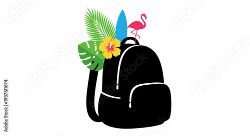 Black backpack with tropical decorations.