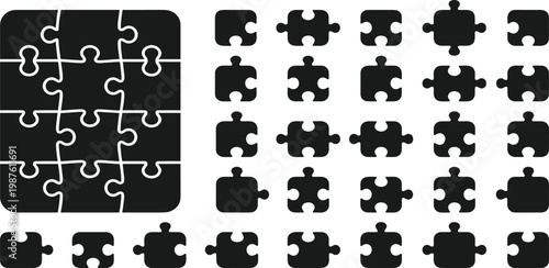 Collection of black puzzle pieces and a large puzzle grid, showcasing different connector types and configurations for creative projects