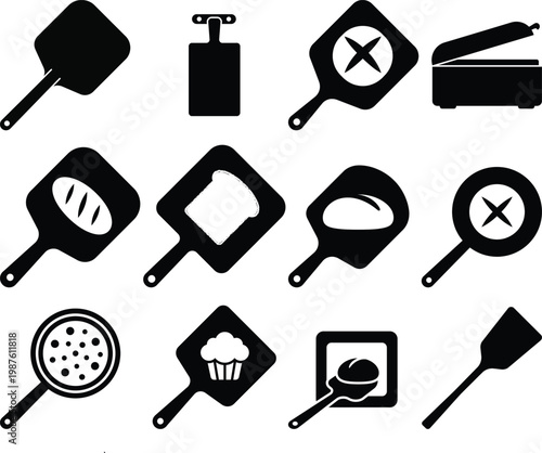 Black Silhouette Kitchen Cooking Utensil Pan Spatula Icon Set