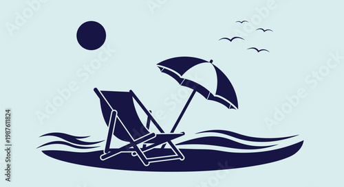 Beach chair with umbrella on water.