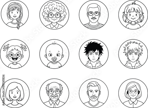 Cartoon Doodle Family Avatar Circle Icon Set Various Ages Characters