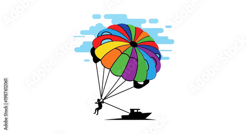 Person parasailing on colorful parachute.