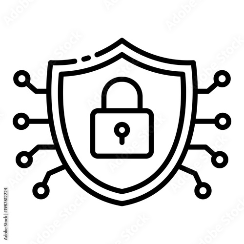 cyber security icon. shield with padlock and circuit node. data protection and network defense. technology and safety