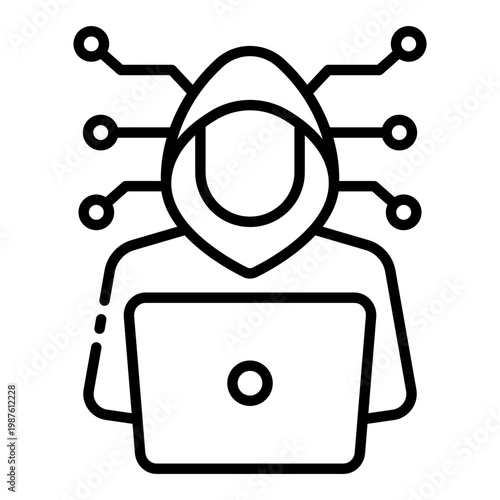 hacker icon. hooded figure on laptop with data node. cybercrime and cyber attack. security and technology