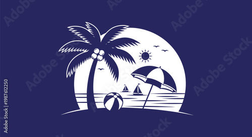 Beach ball under palm tree.