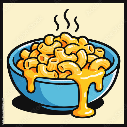 Steaming Macaroni and Cheese in a Blue Bowl, Cute Creamy Pasta Food Illustration
