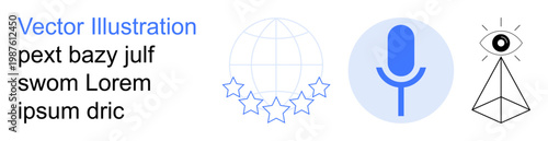 Technology, global communication, data privacy, speech recognition, surveillance, interconnectedness. Symbols of a globe with stars, a microphone and a pyramid with an eye. Technology and global