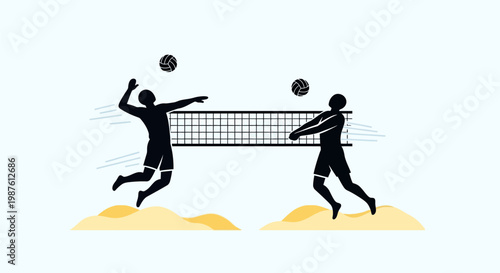 Two men playing beach volleyball competitively.
