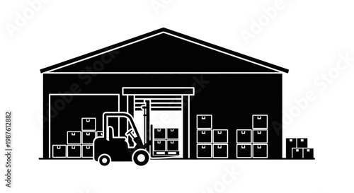 Forklift in front of warehouse door.