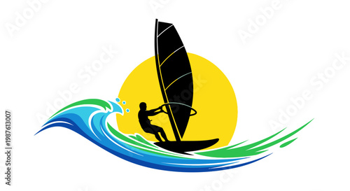 Man surfing on wave with sail.