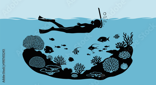Snorkeler exploring coral reef ecosystem underwater.