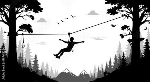 Person on zipline in mid air.