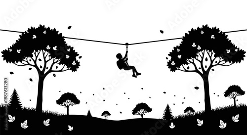 Person Riding Zip Line Silhouette Adventure.