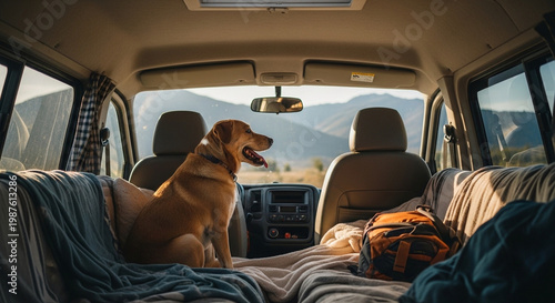 Dog Relaxing Inside Cozy Camper Van Looking Out Window