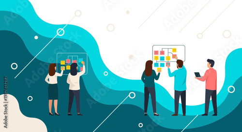 Agile Task Management Team Working on Scrum Board Illustration