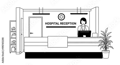 Hospital reception illustration woman at desk in clean black and white setting