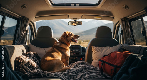 Dog Relaxing Inside Cozy Camper Van Looking Out Window