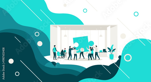 Business Team Collaborative Problem Solving with Giant Puzzle Piece