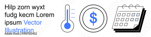 Budget tracking, savings planning, financial deadlines, economic goals, time management, resource allocation. Dollar sign, thermometer and calendar icons. Savings planning and financial deadlines