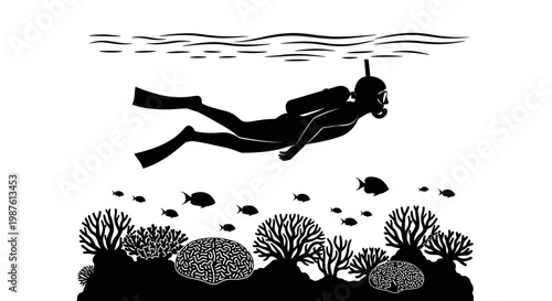 Scuba diver exploring coral reef underwater.