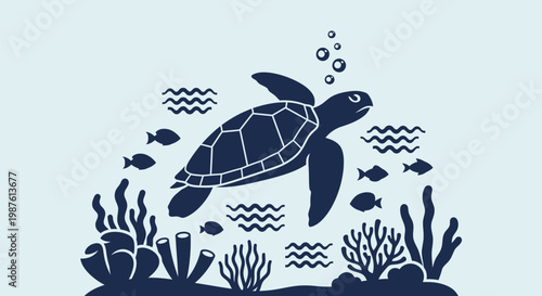 Turtle Swimming Underwater Ocean Scene.
