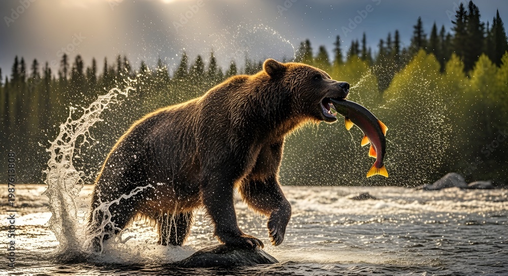 Obraz premium A powerful bear catching fish mid-action in a river, with dramatic water splashes and natural lighting