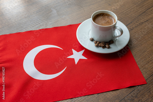Close-up of Turkish Coffee on National Flag