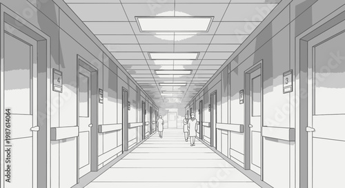Long hallway in grayscale with doors and people walking towards light