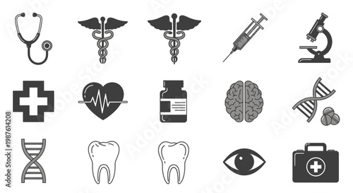 Medical icons representing healthcare tools and symbols for informational graphics