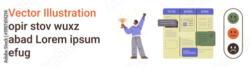 Time management, project tracking, user feedback, goal achievement, productivity, work organization. Person holding a trophy, tasks board and feedback icons. Productivity and goal achievement