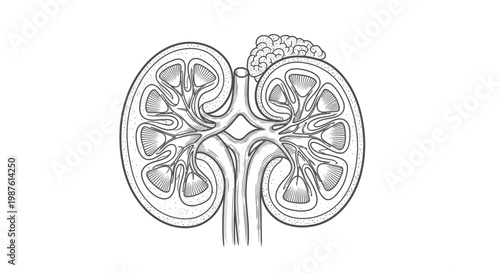 Medical illustration of a detailed kidney anatomy with tumor on white background