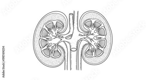 Medical illustration of a human kidney cross section white background