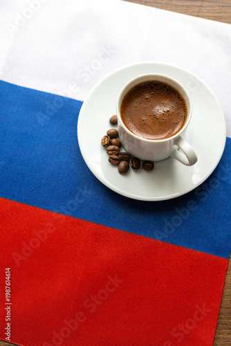 Close-up of Coffee Cup on Russian Flag