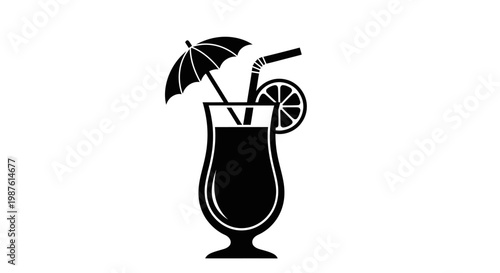Black cocktail with umbrella and lemon.