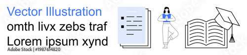 Education, academic success, knowledge sharing, online learning, study resources, school . ion of a document, a person and an open book with a graduation cap. Education and academic success concept