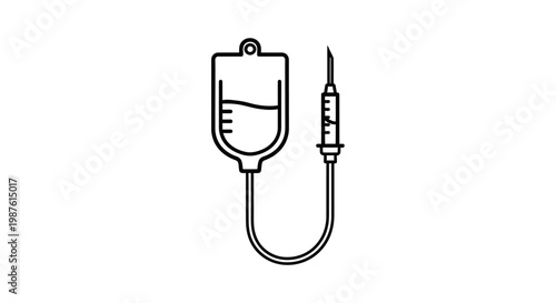 Medical intravenous drip bag illustration in black and white on white background
