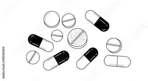 Medical pills and capsules illustration isolated on white background