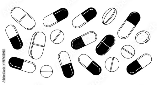 Medical pills and capsules illustration isolated on white background