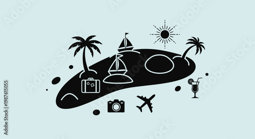 Black silhouette tropical island getaway vacation.